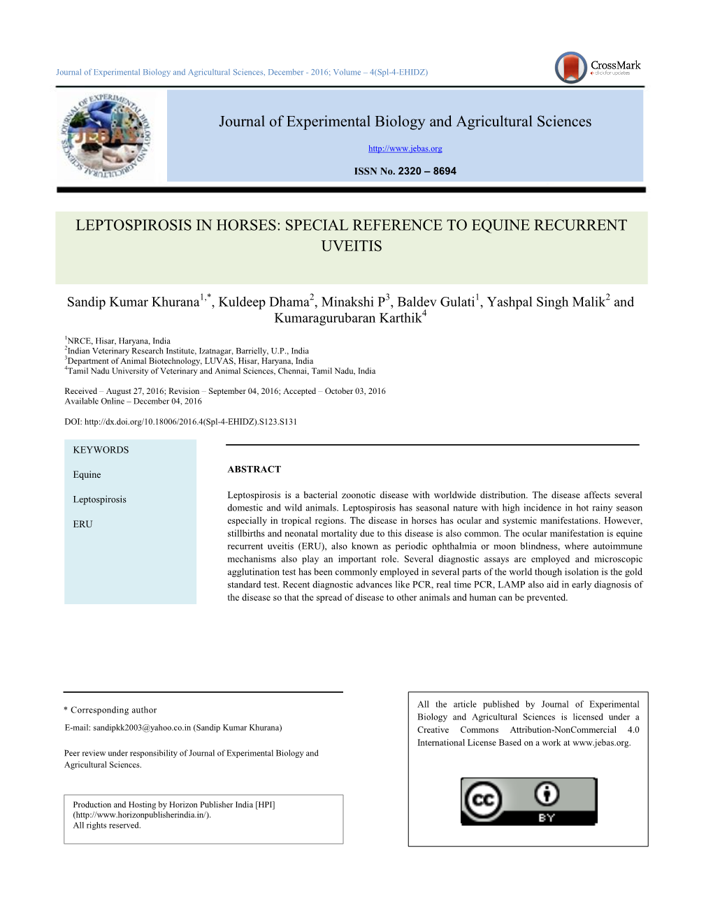 Leptospirosis in Horses: Special Reference to Equine Recurrent Uveitis
