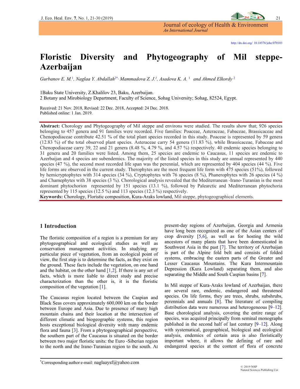 Floristic Diversity and Phytogeography of Mil Steppe- Azerbaijan