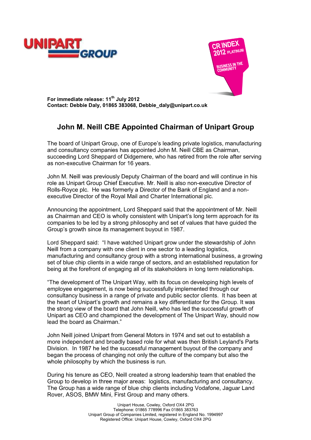 John M. Neill CBE Appointed Chairman of Unipart Group