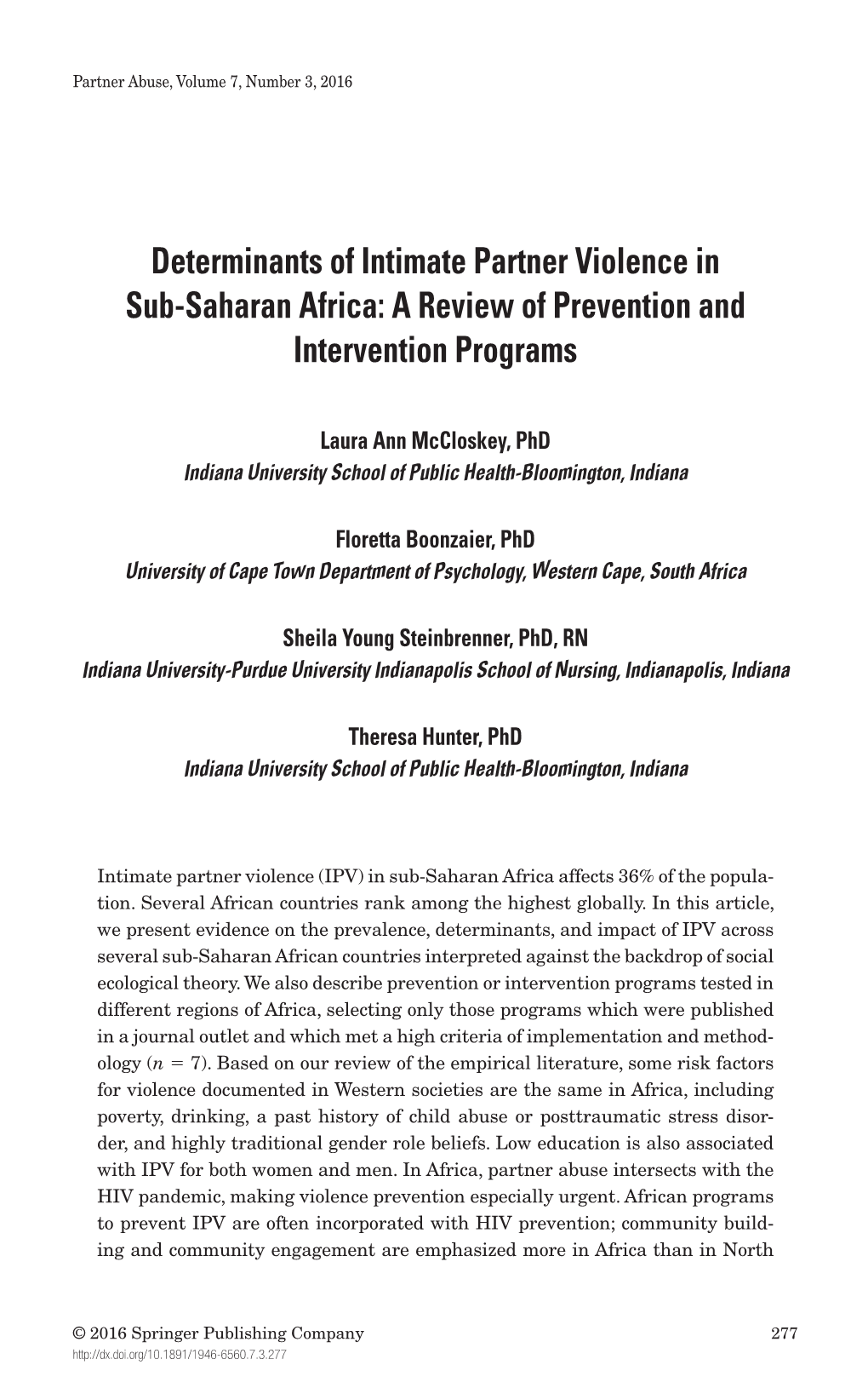Determinants of Intimate Partner Violence in Sub-Saharan Africa: a Review of Prevention and Intervention Programs