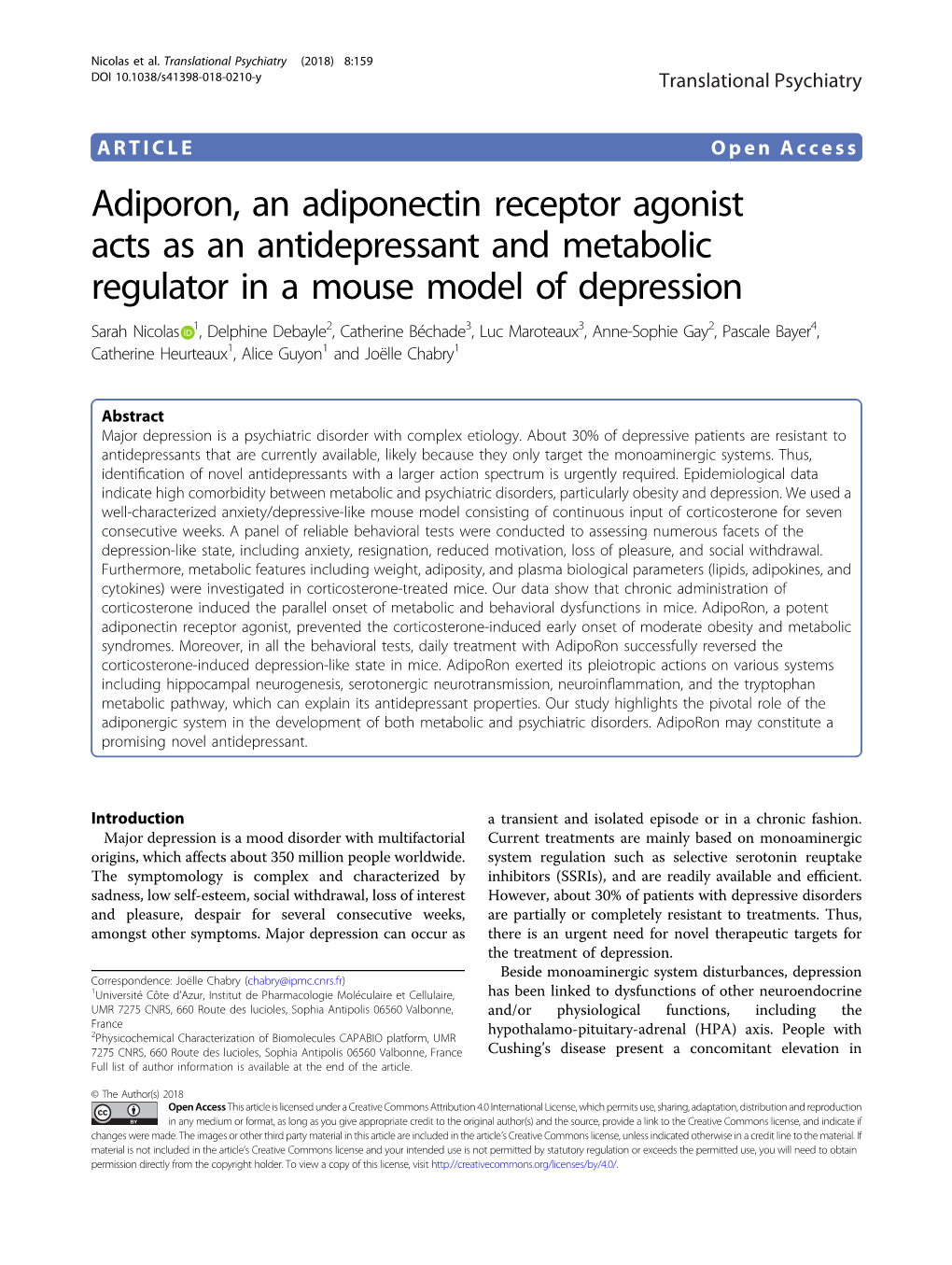 Adiporon, an Adiponectin Receptor Agonist Acts As an Antidepressant