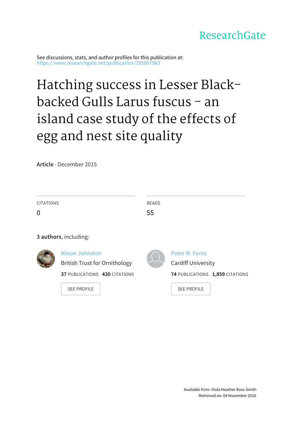Hatching Success in Lesser Black- Backed Gulls Larus Fuscus - an Island Case Study of the Effects of Egg and Nest Site Quality