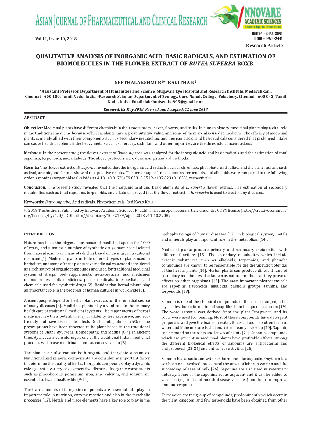 Qualitative Analysis of Inorganic Acid, Basic Radicals, and Estimation of Biomolecules in the Flower Extract of Butea Superba Roxb