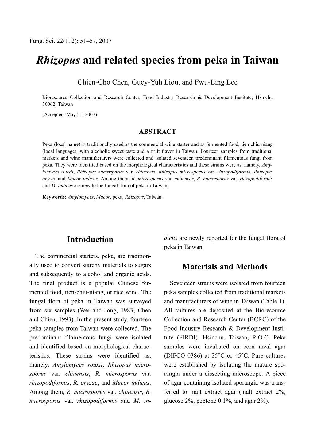 Rhizopus and Related Species from Peka in Taiwan