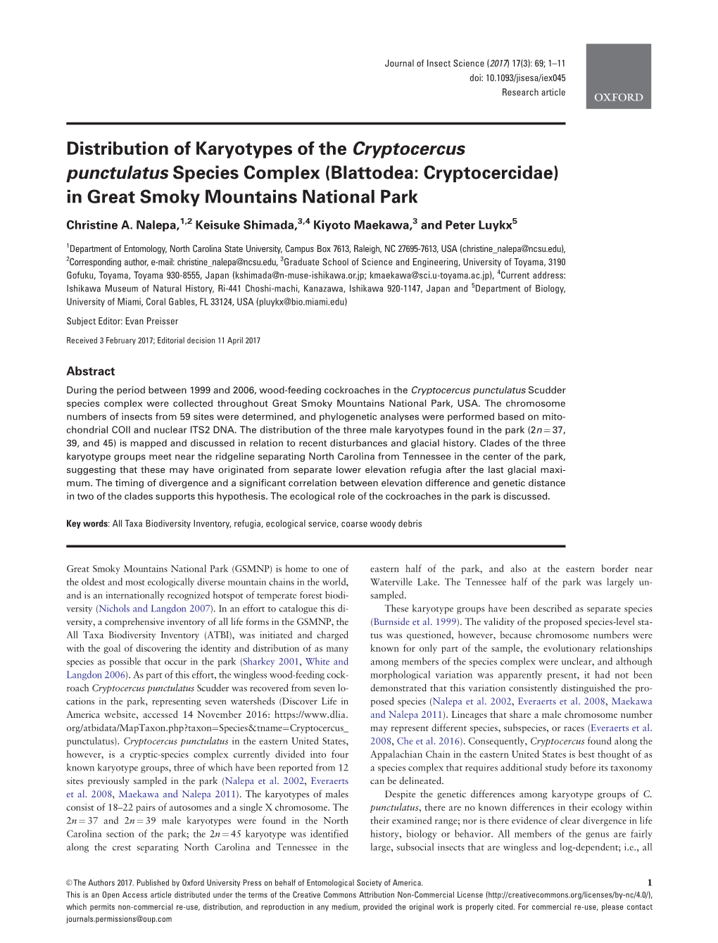 Distribution of Karyotypes of the Cryptocercus Punctulatus Species Complex (Blattodea: Cryptocercidae) in Great Smoky Mountains National Park