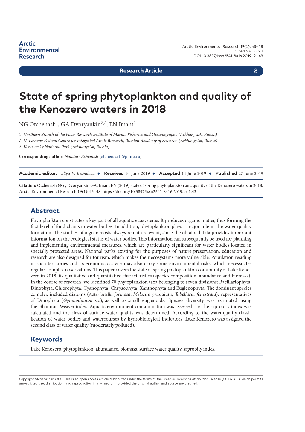 State of Spring Phytoplankton and Quality of the Kenozero Waters in 2018