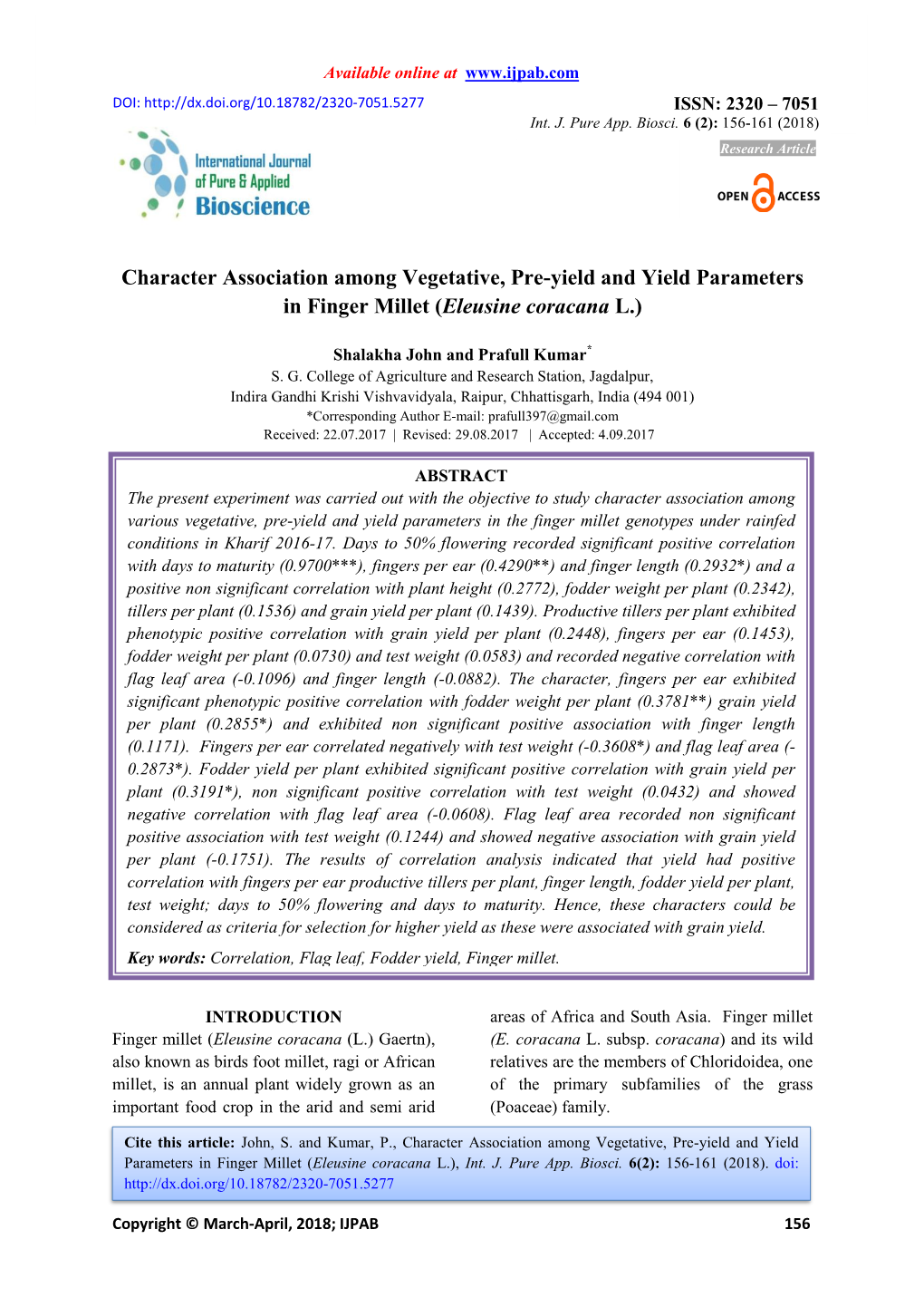 Character Association Among Vegetative, Pre-Yield and Yield Parameters in Finger Millet (Eleusine Coracana L.)