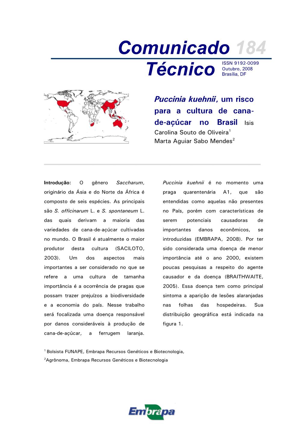 Puccinia Kuehnii, Um Risco Para a Cultura De Cana- De-Açúcar No Brasil Isis Carolina Souto De Oliveira1 Marta Aguiar Sabo Mendes2