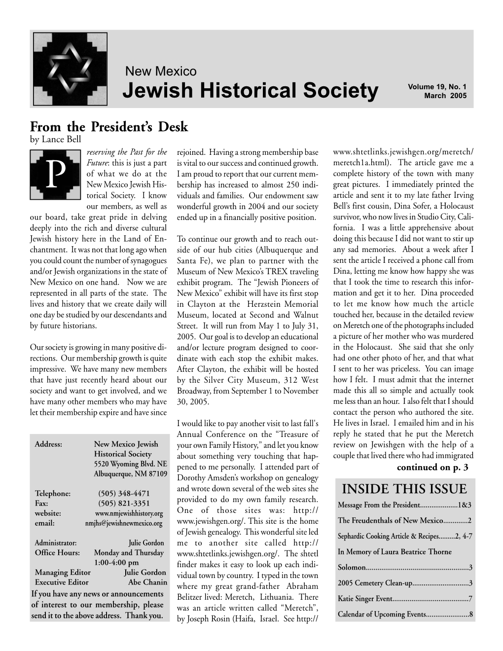 Jewish Historical Society Volume 19, No. 1