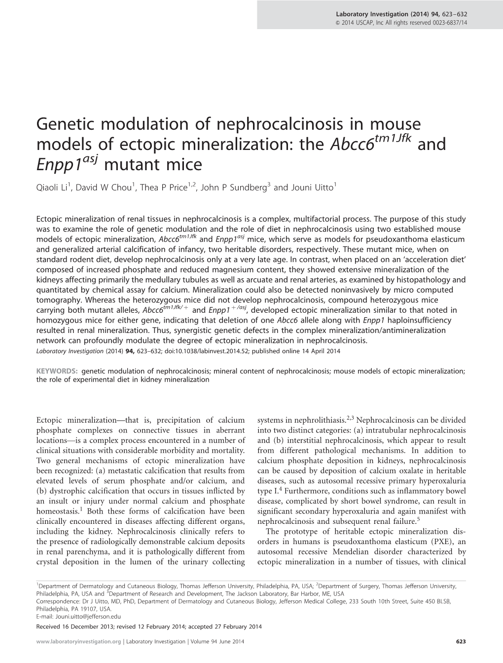 Genetic Modulation of Nephrocalcinosis in Mouse
