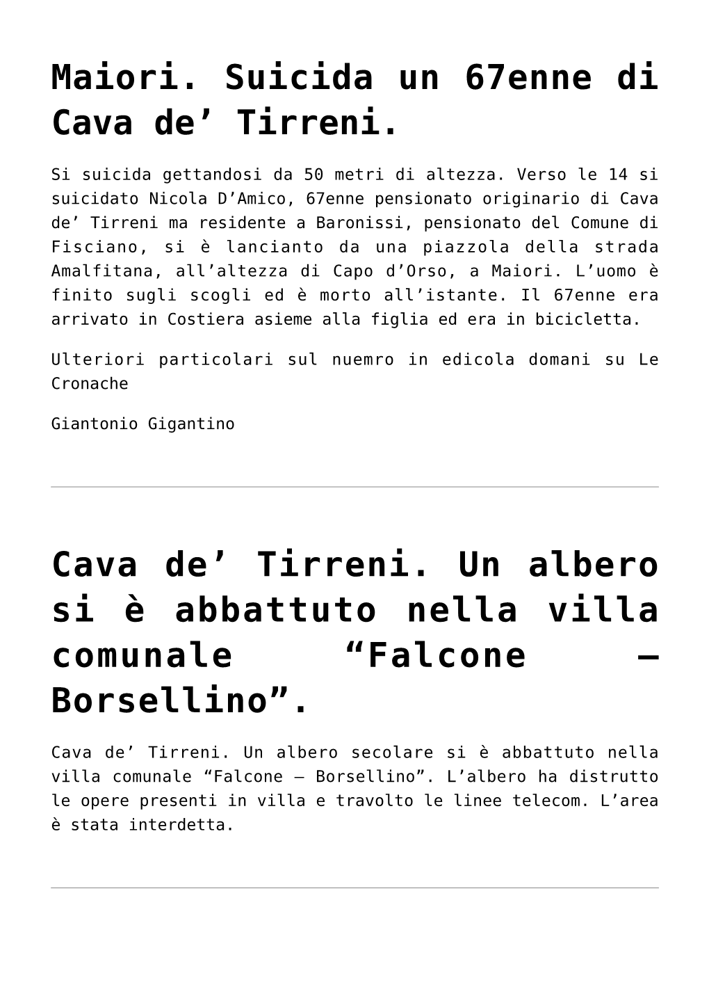 Maiori. Suicida Un 67Enne Di Cava De&#8217; Tirreni.,Cava De' Tirreni