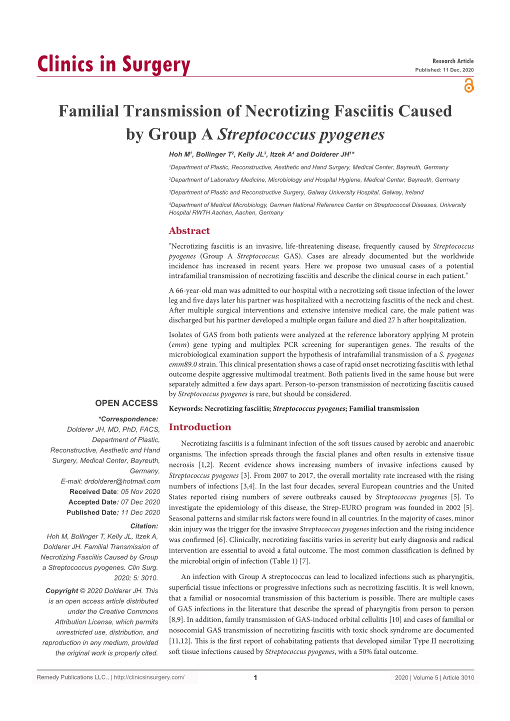 Familial Transmission of Necrotizing Fasciitis Caused by Group a Streptococcus Pyogenes