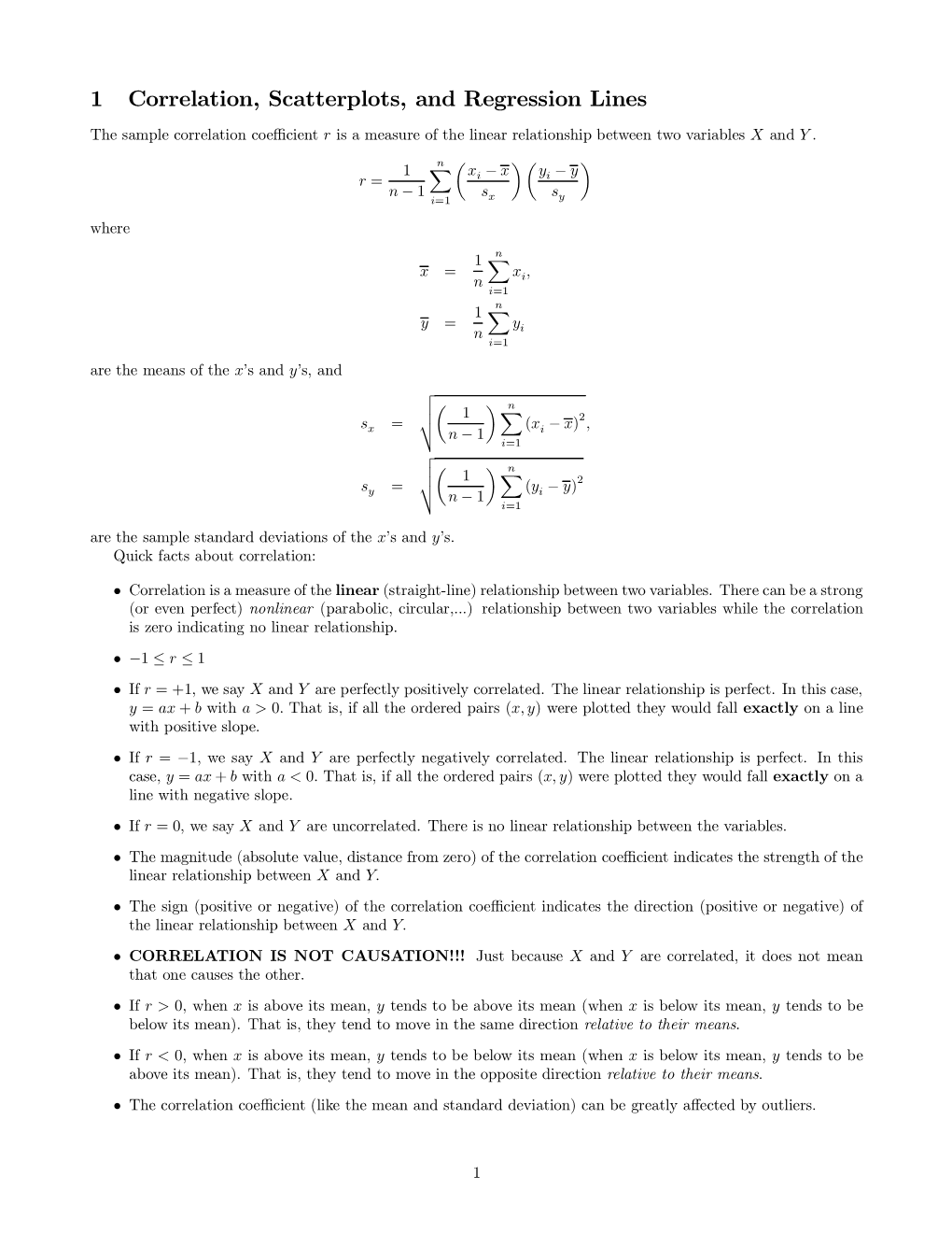 1 Correlation, Scatterplots, and Regression Lines