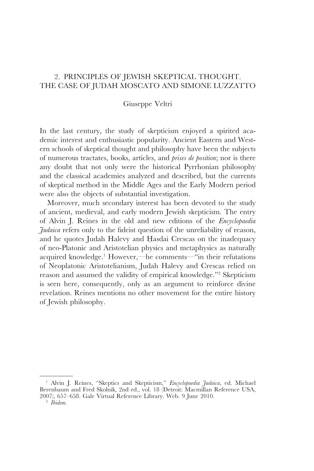 2. Principles of Jewish Skeptical Thought. the Case of Judah Moscato and Simone Luzzatto