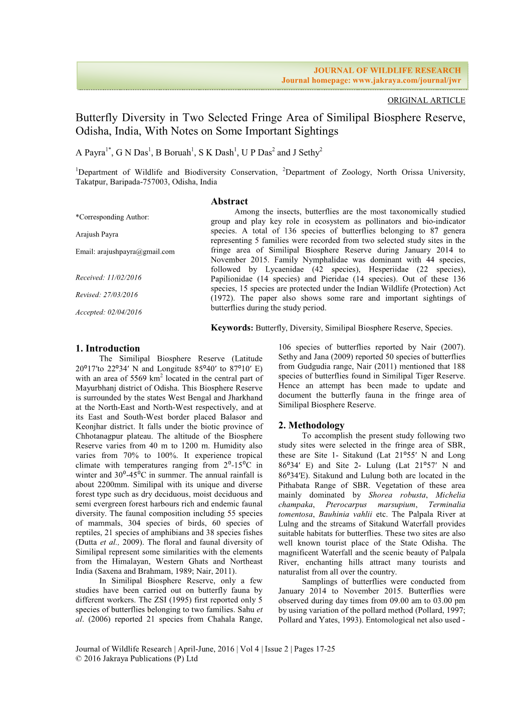 Butterfly Diversity in Two Selected Fringe Area of Similipal Biosphere Reserve, Odisha, India, with Notes on Some Important Sightings