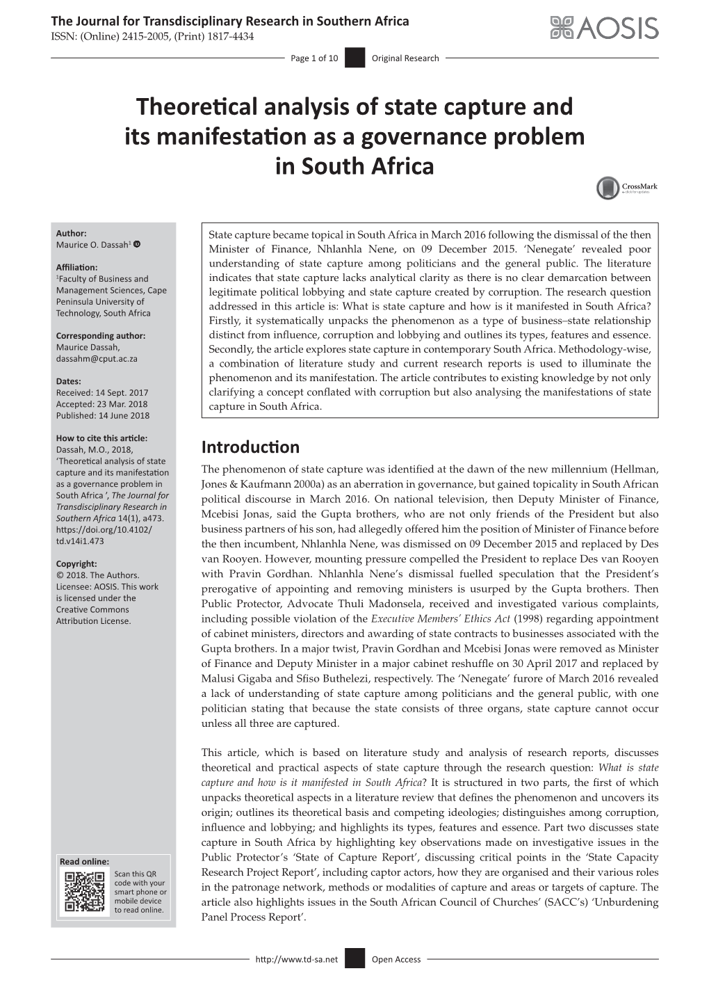 Theoretical Analysis of State Capture and Its Manifestation As a Governance Problem in South Africa