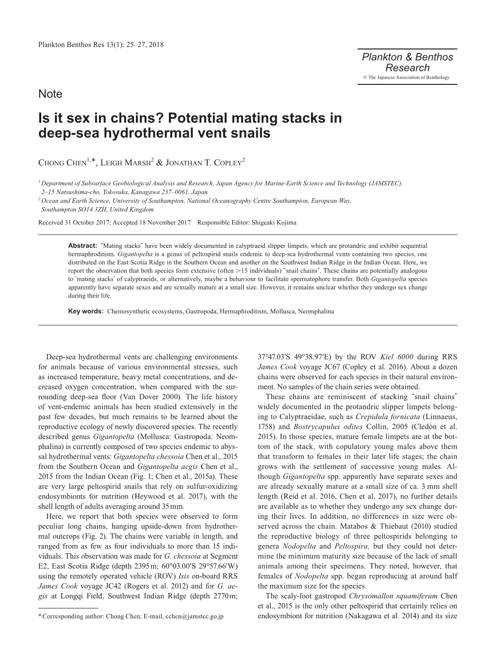 Is It Sex in Chains? Potential Mating Stacks in Deep-Sea Hydrothermal Vent Snails