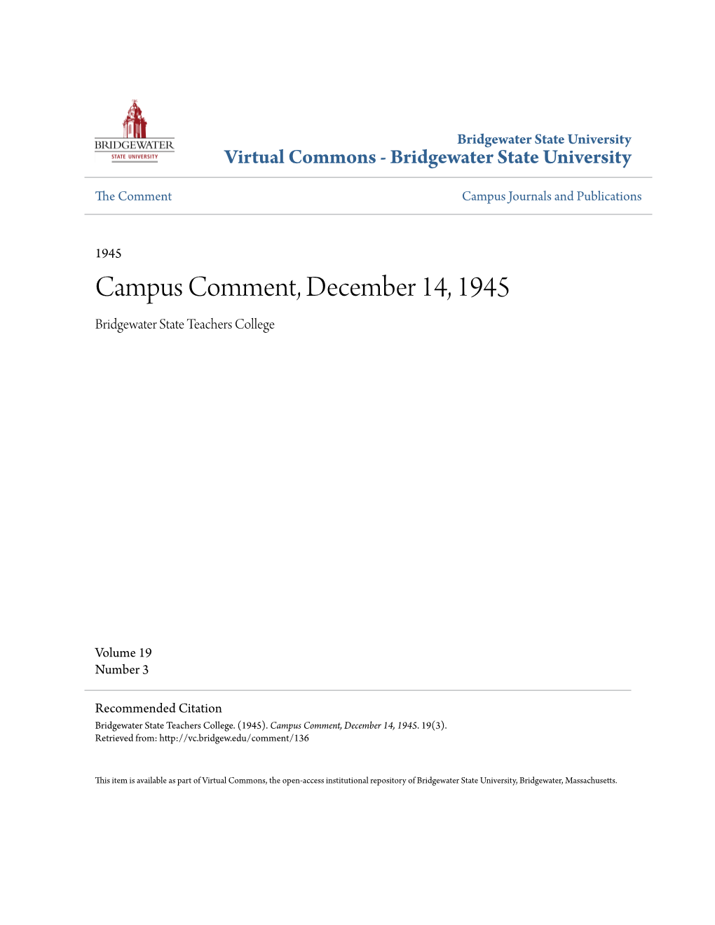 Campus Comment, December 14, 1945 Bridgewater State Teachers College
