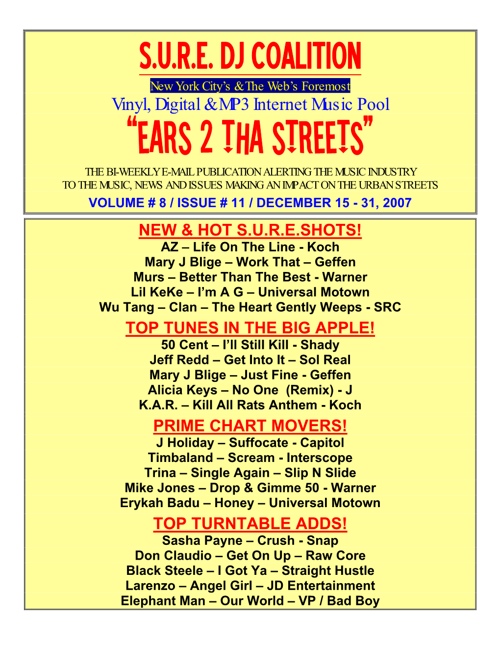 “Ears 2 Tha Streets” the Bi-Weekly E-Mail Publication Alerting the Music Industry to the Music, News and Issues Making an Impact on the Urban Streets