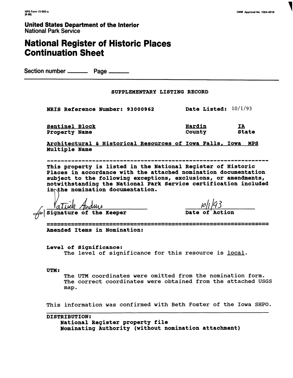 Sentinel Block Hardin IA Property Name County State Architectural & Historical Resources of Iowa Falls, Iowa MPS Multiple Name