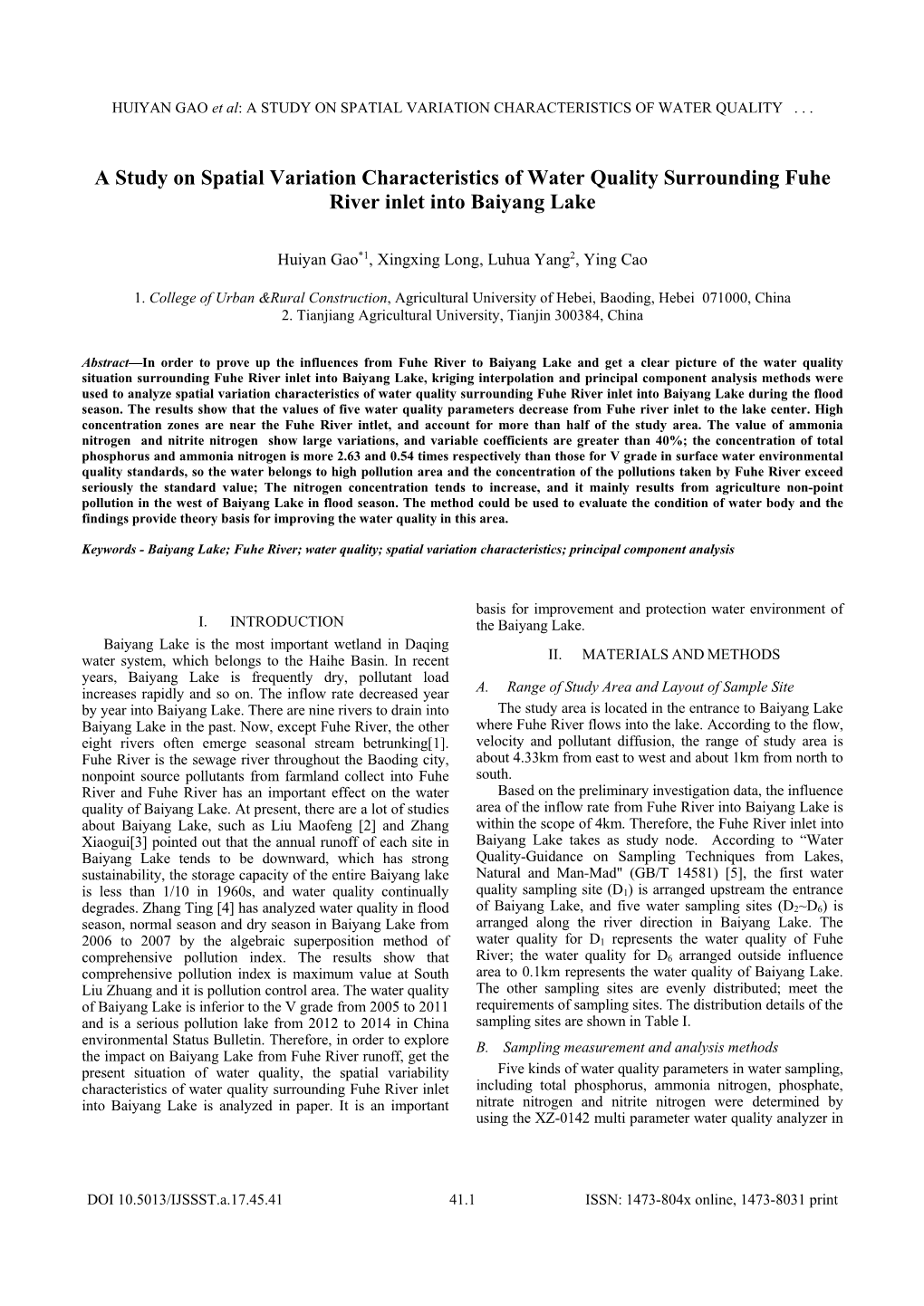 A Study on Spatial Variation Characteristics of Water Quality Surrounding Fuhe River Inlet Into Baiyang Lake