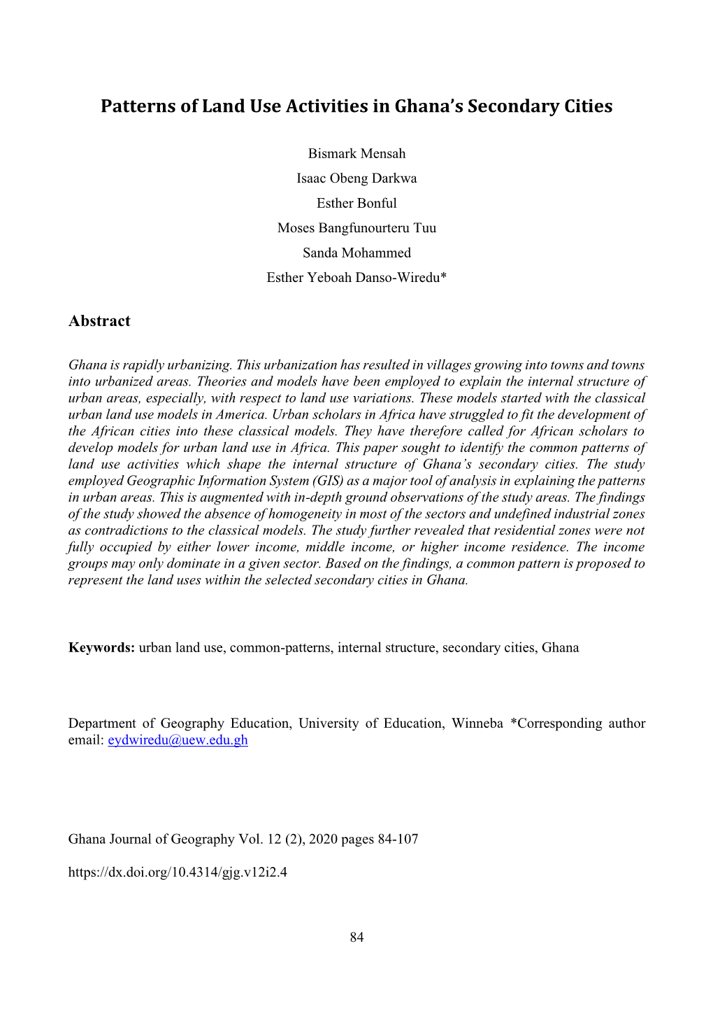 Patterns of Land Use Activities in Ghana's Secondary Cities