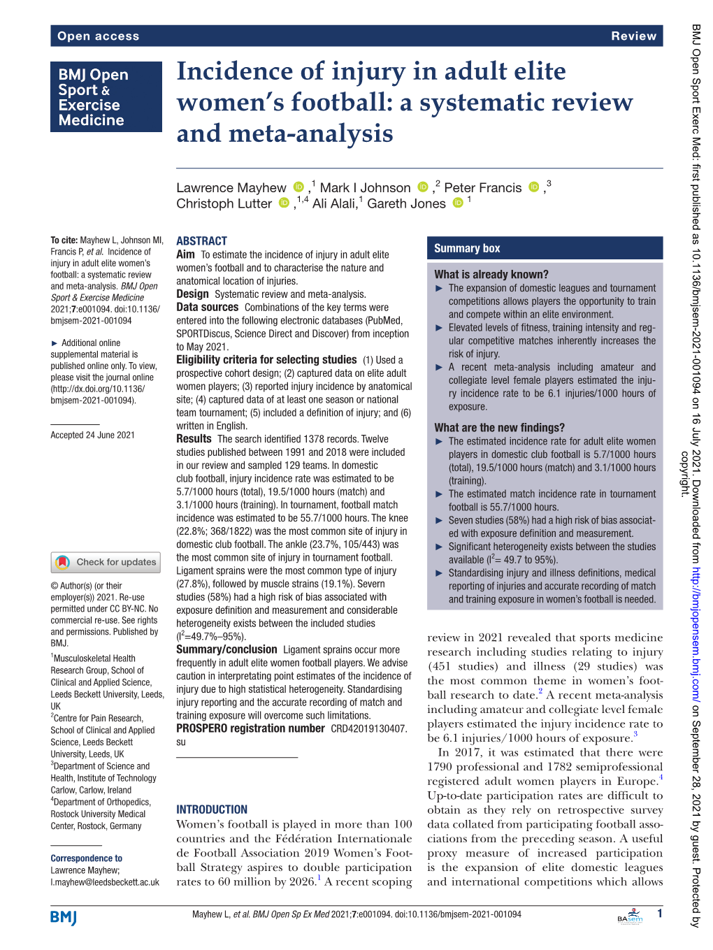 Incidence of Injury in Adult Elite Women's Football