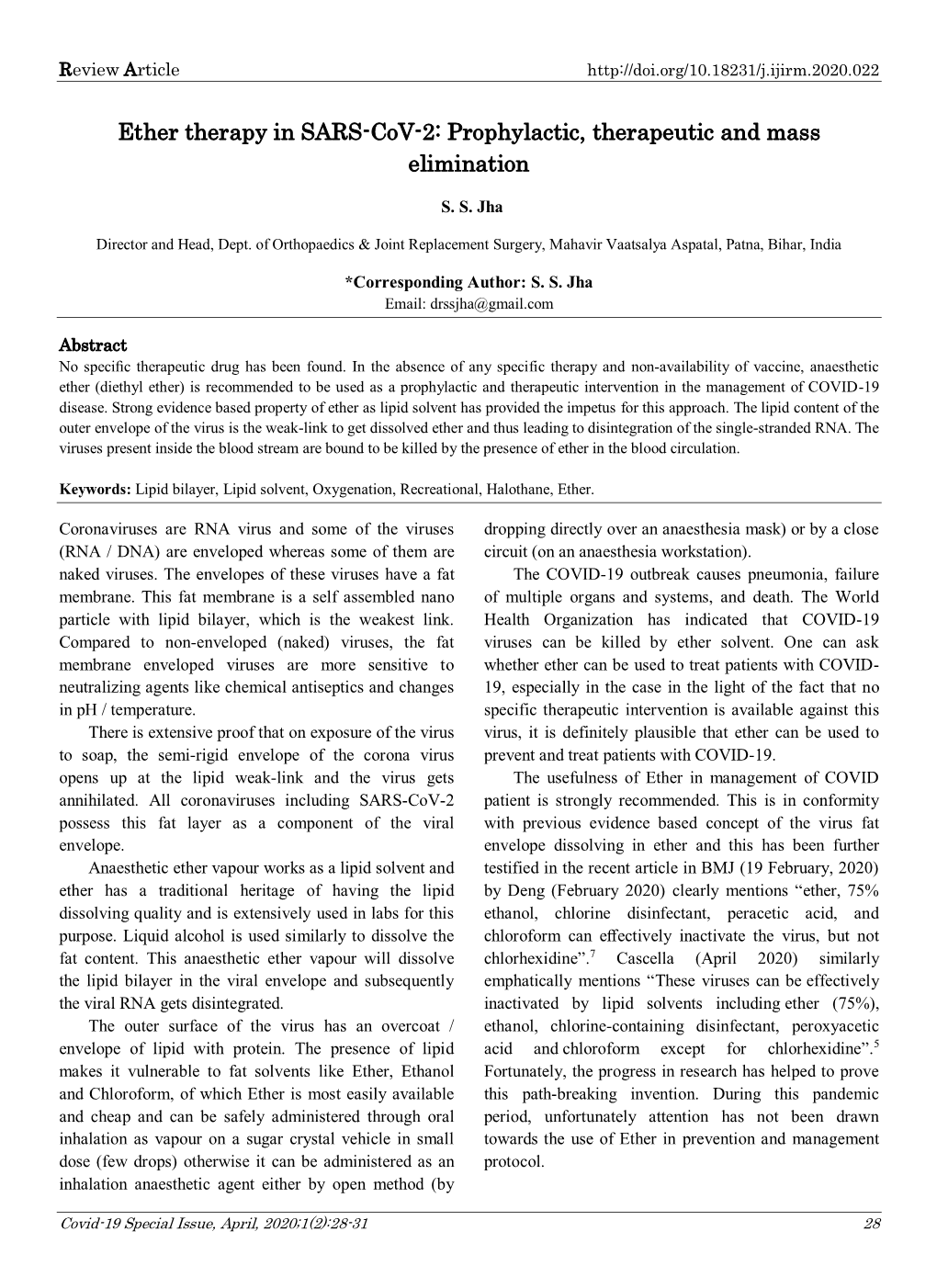 Ether Therapy in SARS-Cov-2: Prophylactic, Therapeutic and Mass Elimination