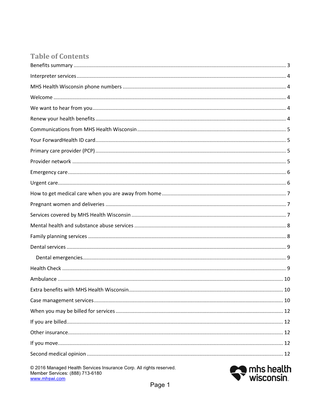 Table of Contents Benefits Summary