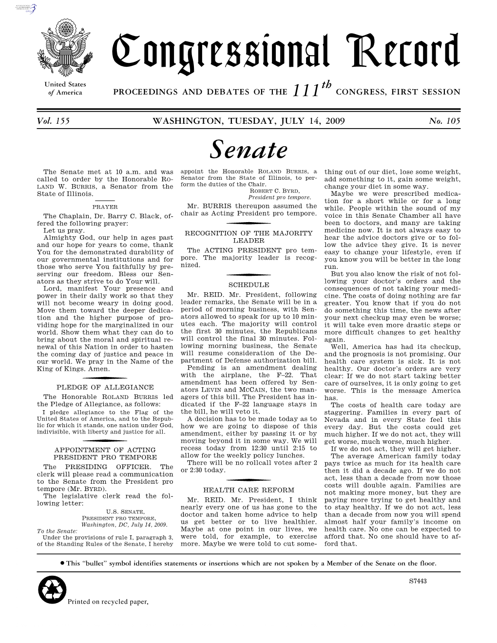 Congressional Record United States Th of America PROCEEDINGS and DEBATES of the 111 CONGRESS, FIRST SESSION