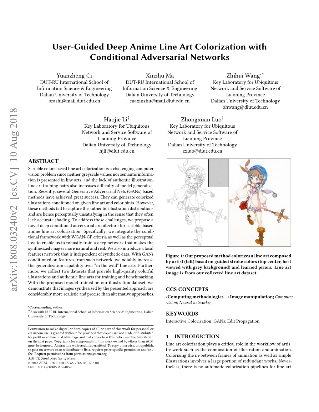 User-Guided Deep Anime Line Art Colorization with Conditional Adversarial Networks