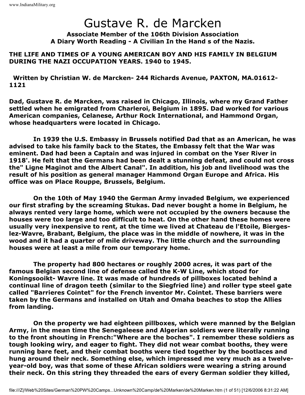 Gustave R. De Marcken Associate Member of the 106Th Division Association a Diary Worth Reading - a Civilian in the Hand S of the Nazis