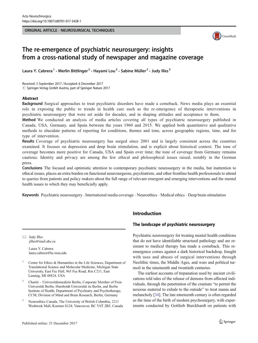 The Re-Emergence of Psychiatric Neurosurgery: Insights from a Cross-National Study of Newspaper and Magazine Coverage