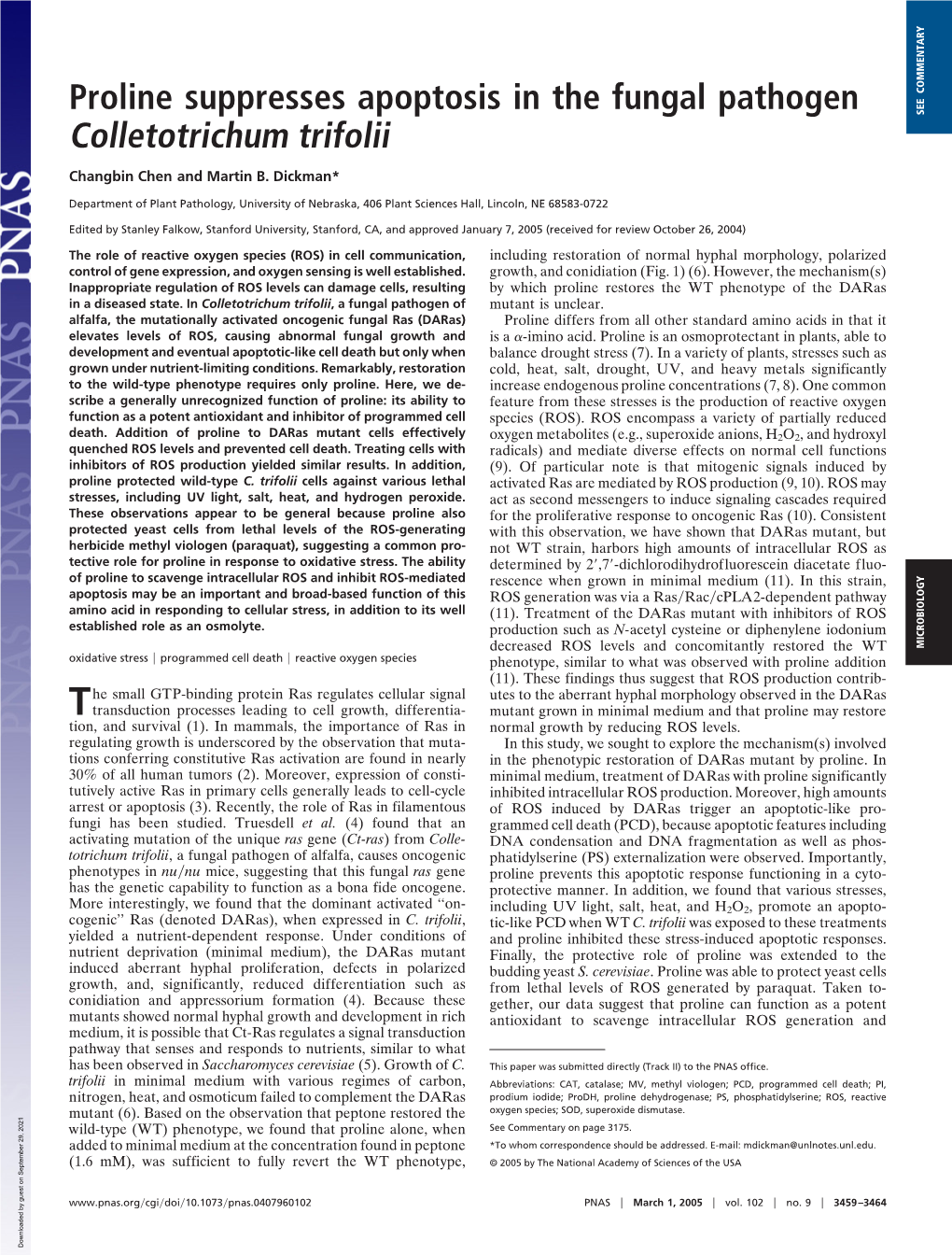 Proline Suppresses Apoptosis in the Fungal Pathogen Colletotrichum Trifolii