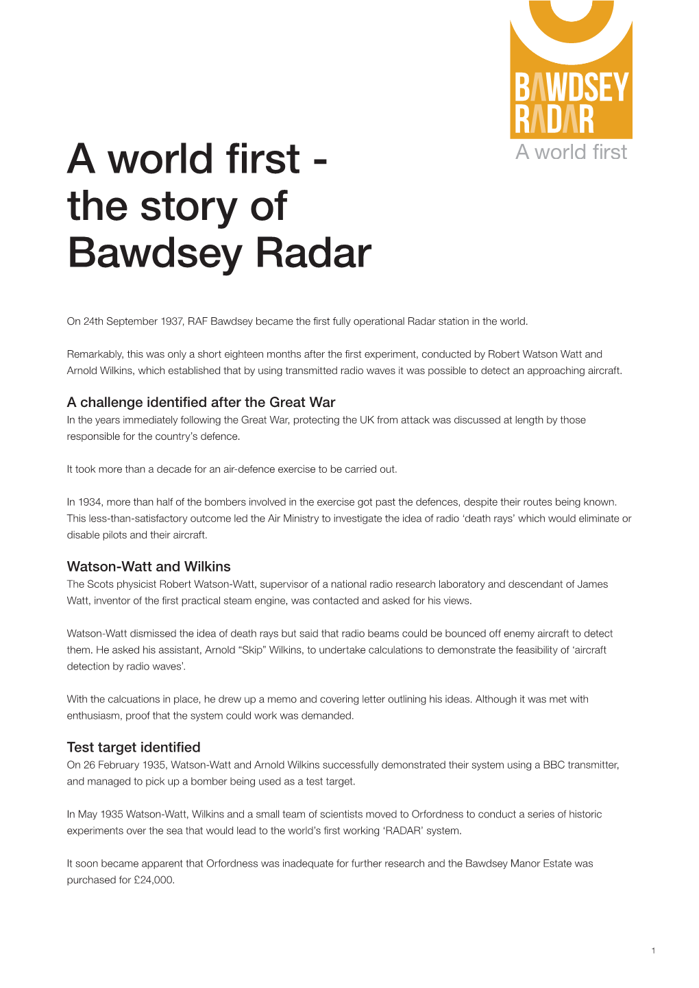 A World First - the Story of Bawdsey Radar