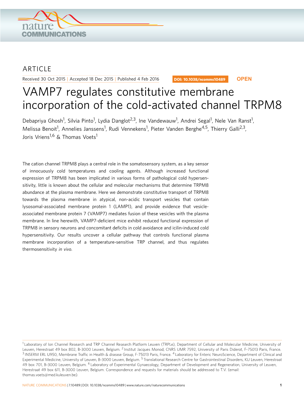 VAMP7 Regulates Constitutive Membrane Incorporation of the Cold-Activated Channel TRPM8