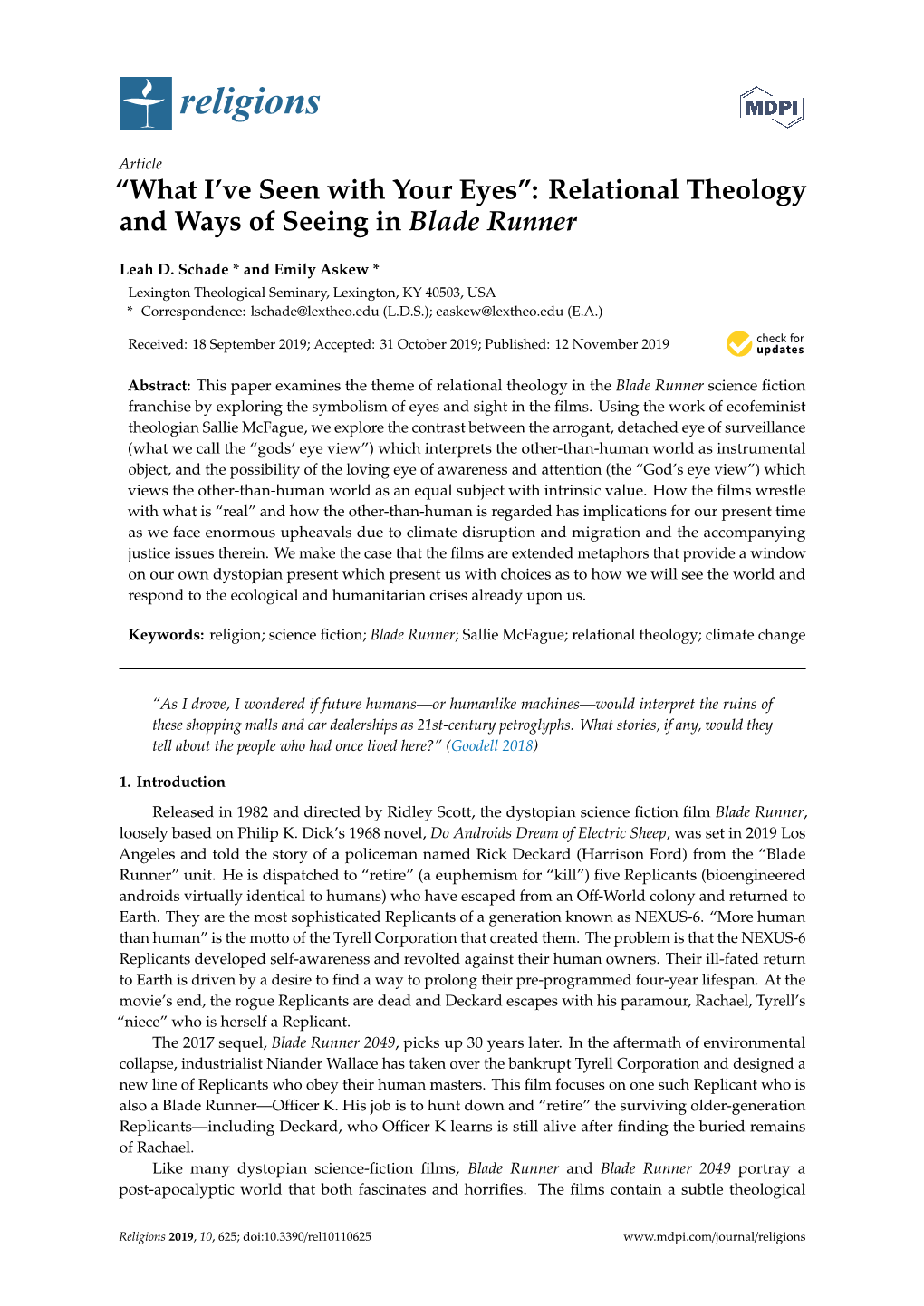 Relational Theology and Ways of Seeing in Blade Runner