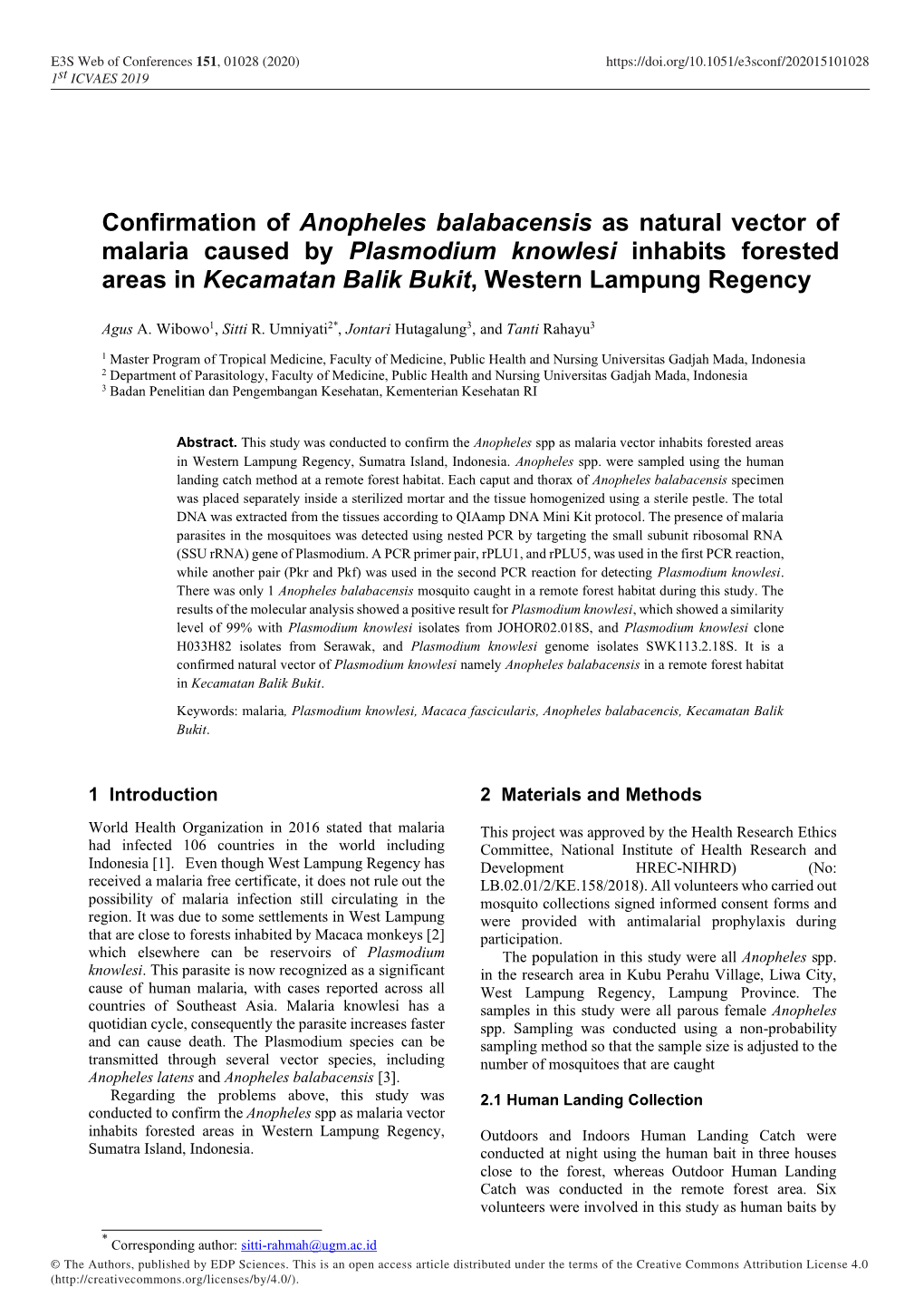 Confirmation of Anopheles Balabacensis As Natural Vector Of