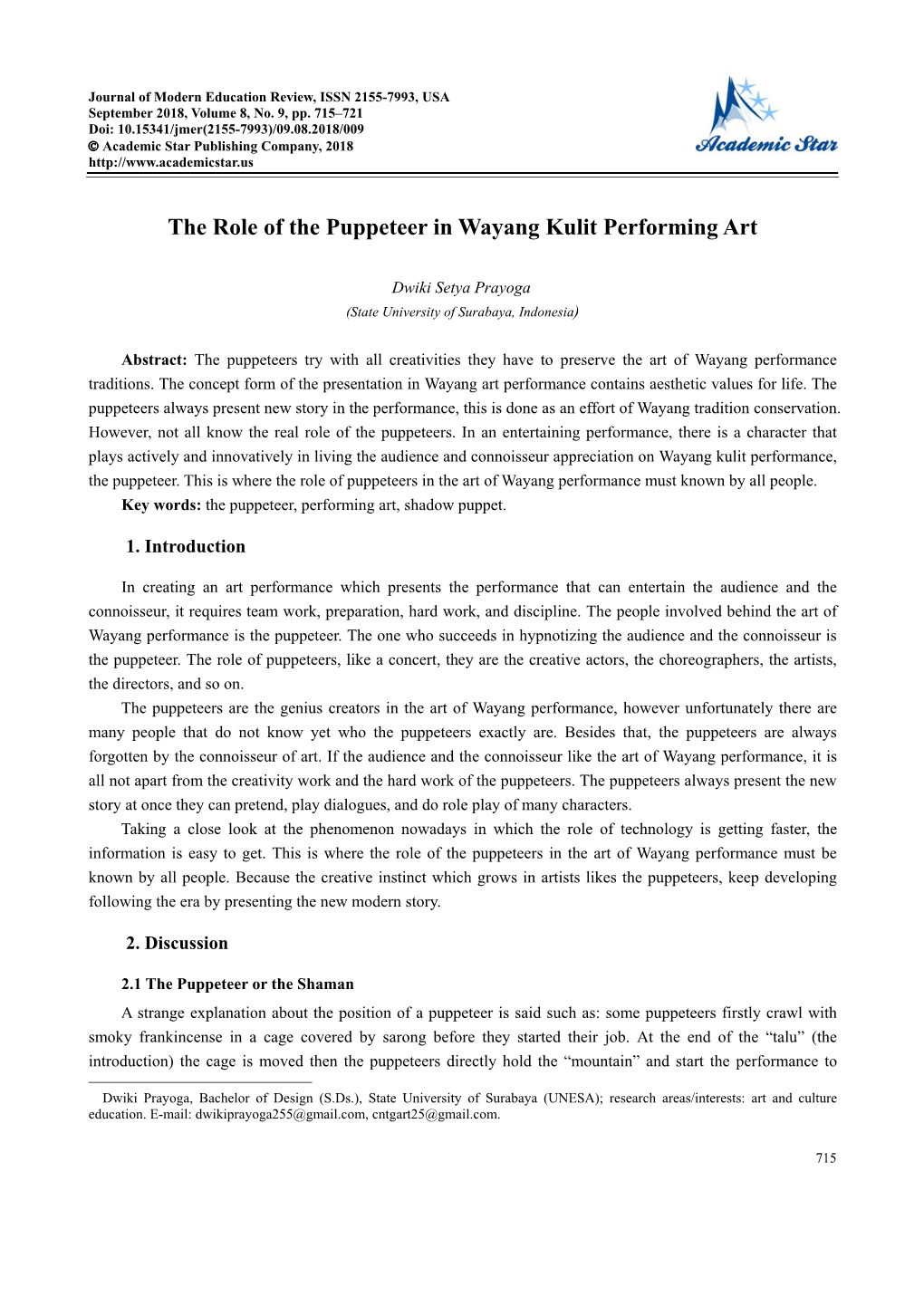 The Role of the Puppeteer in Wayang Kulit Performing Art