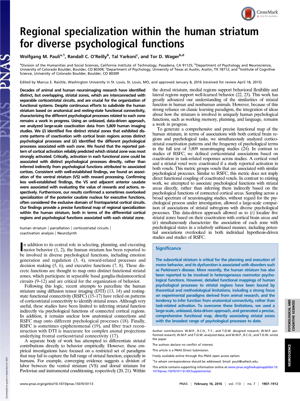 Regional Specialization Within the Human Striatum for Diverse Psychological Functions