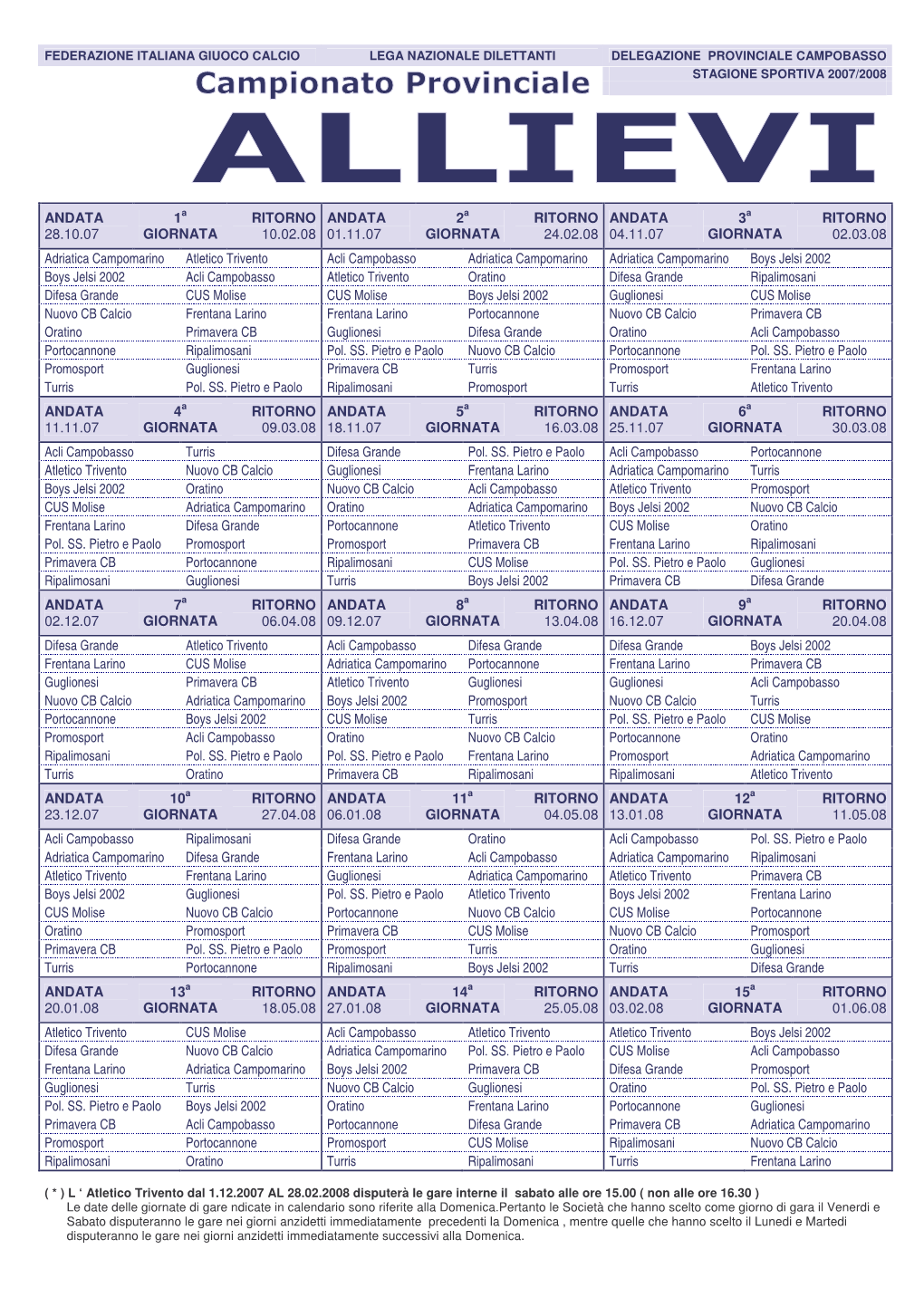 Allievi- Calendario