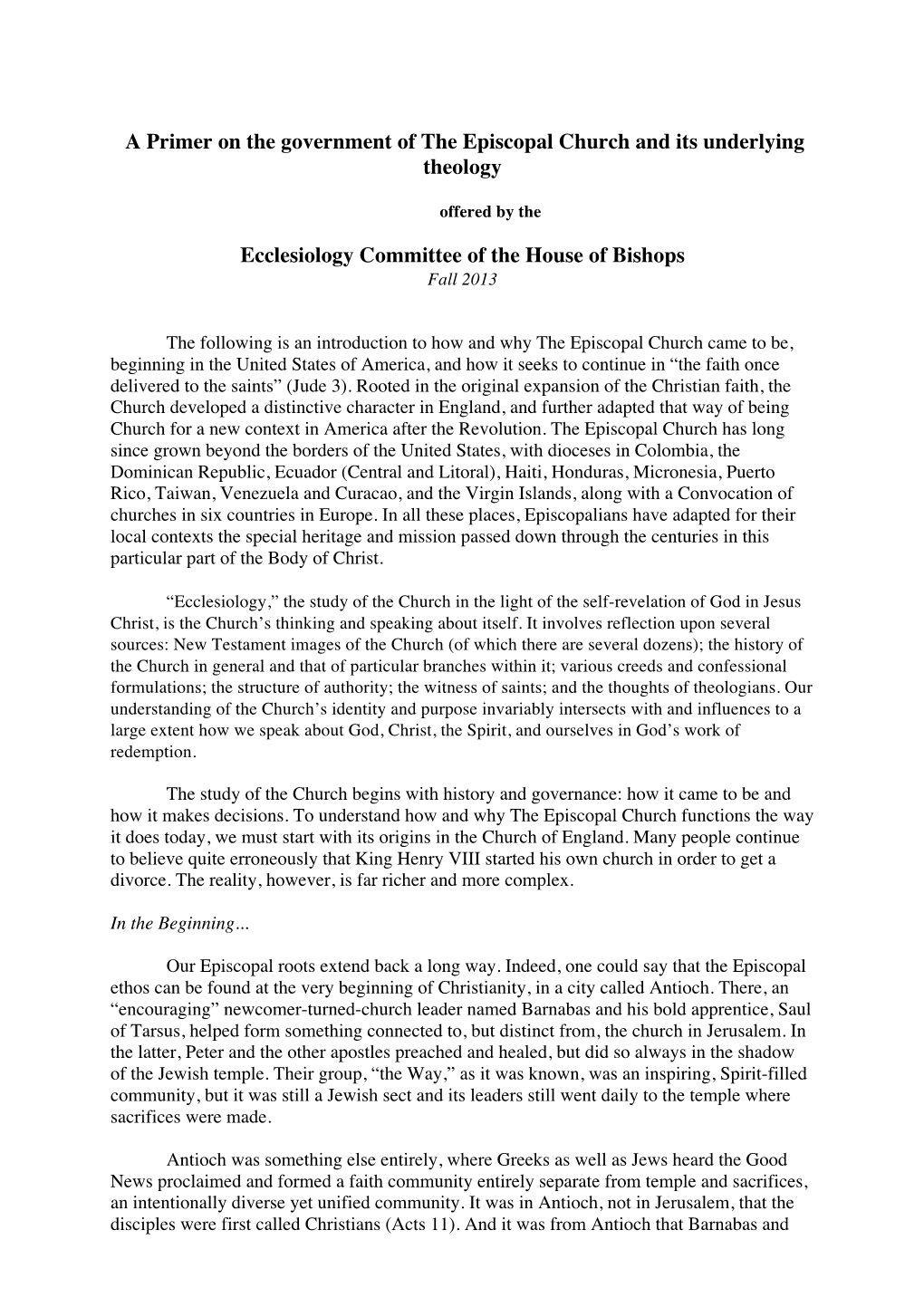 A Primer on the Government of the Episcopal Church and Its Underlying Theology Ecclesiology Committee of the House of Bishops