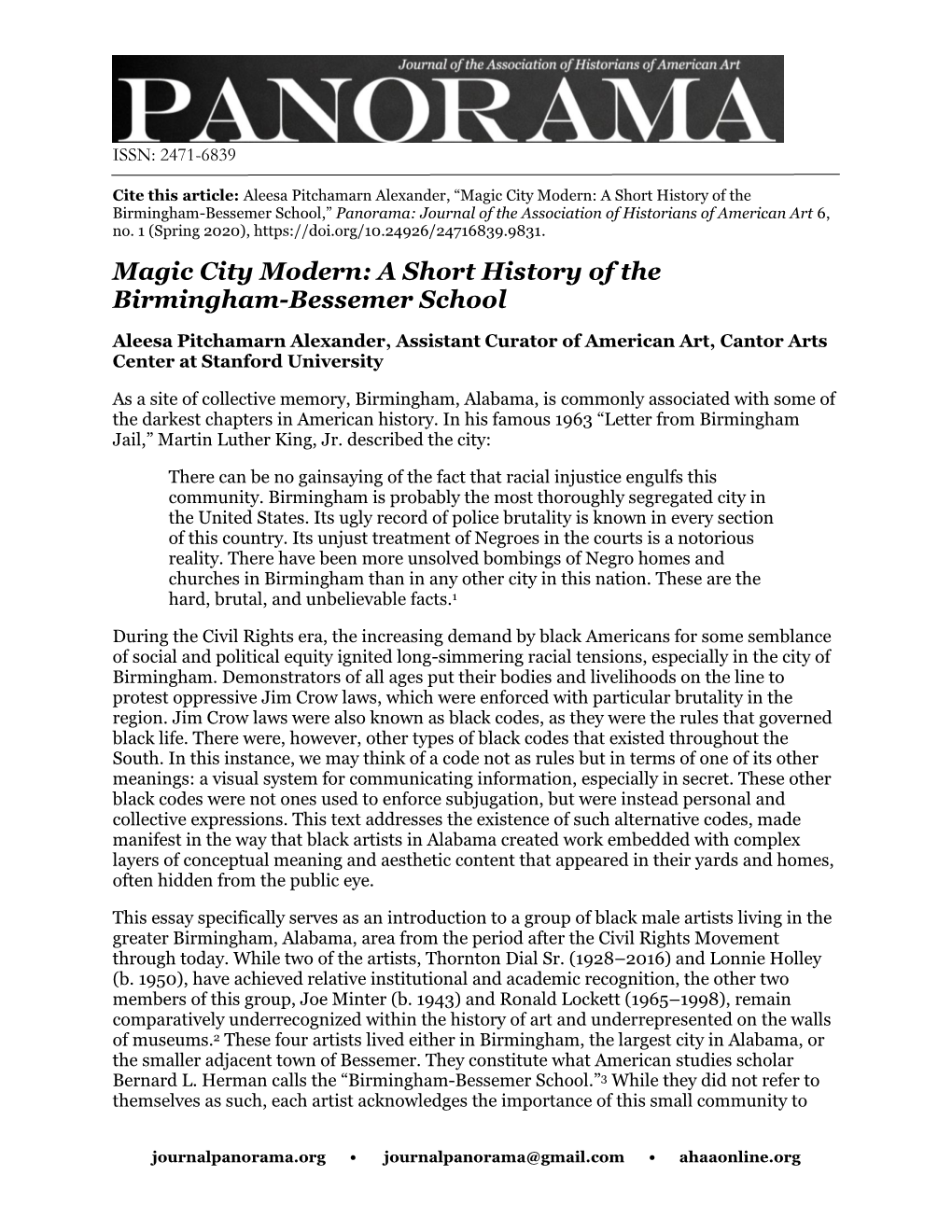 Magic City Modern: a Short History of the Birmingham-Bessemer School,” Panorama: Journal of the Association of Historians of American Art 6, No