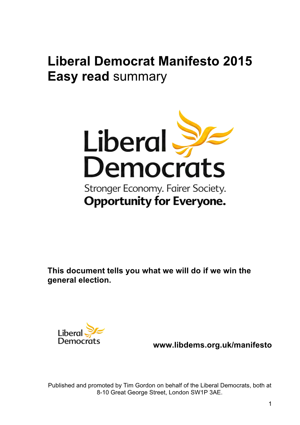 Liberal Democrat Manifesto 2015 Easy Read Summary