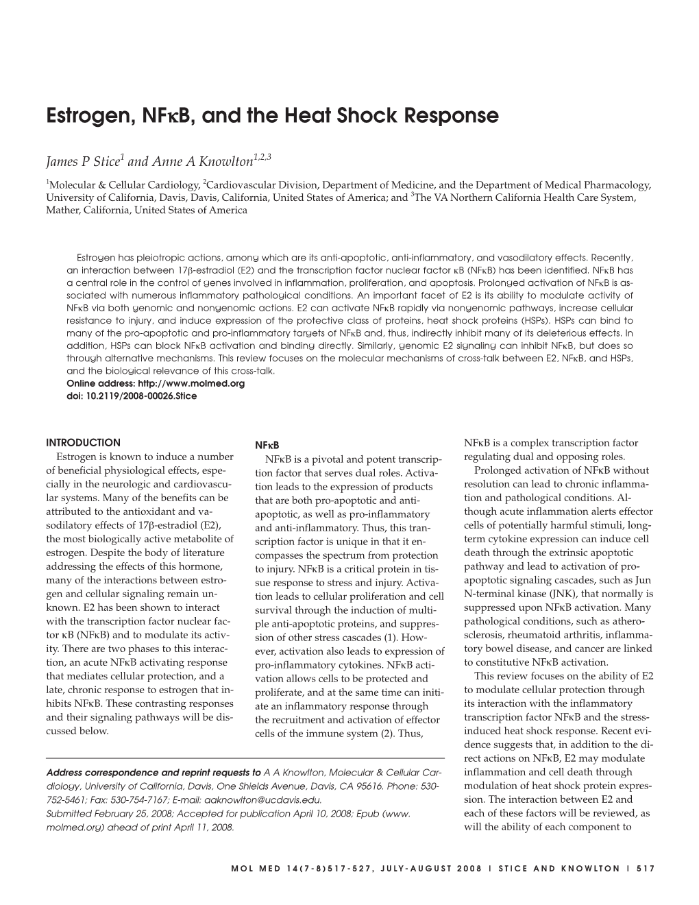 Estrogen, Nfκb, and the Heat Shock Response