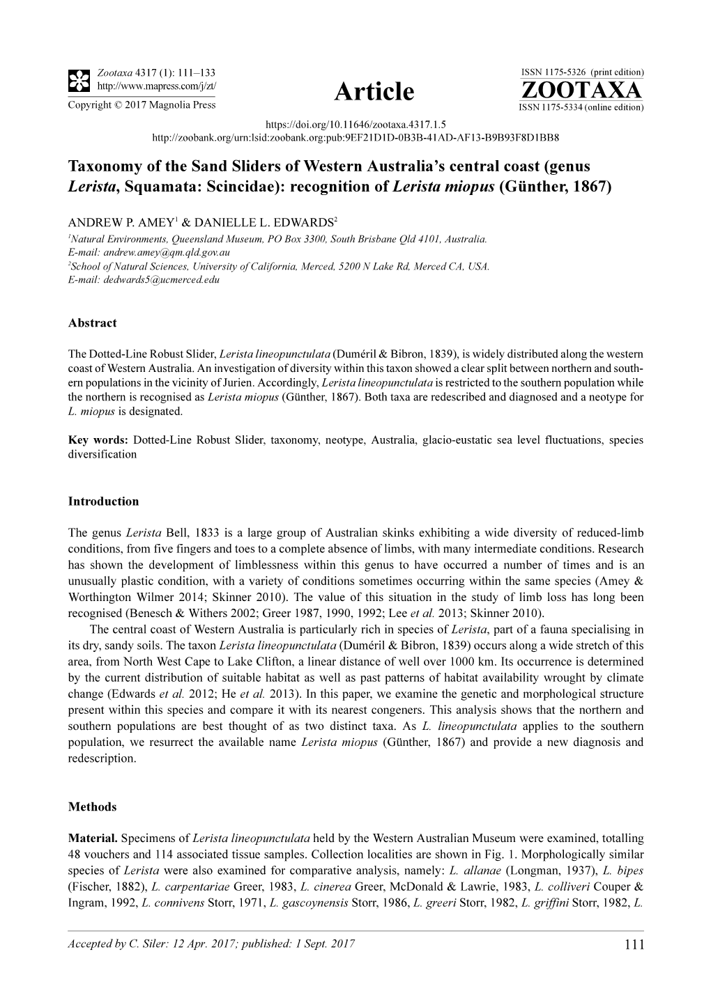 Genus Lerista, Squamata: Scincidae): Recognition of Lerista Miopus (Günther, 1867)