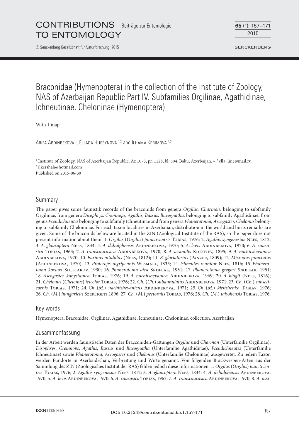 Braconidae (Hymenoptera) in the Collection of the Institute of Zoology, NAS of Azerbaijan Republic Part IV