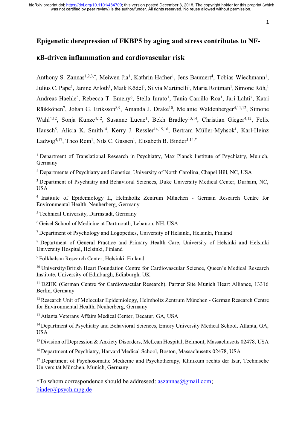 Epigenetic Derepression of FKBP5 by Aging and Stress Contributes to NF