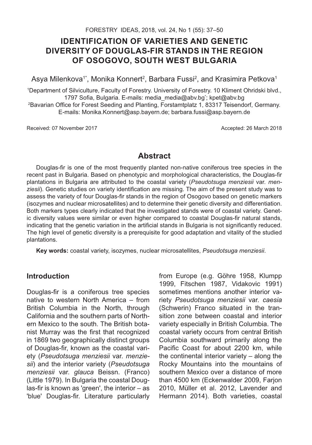 Identification of Varieties and Genetic Diversity of Douglas-Fir Stands in the Region of Osogovo, South West Bulgaria