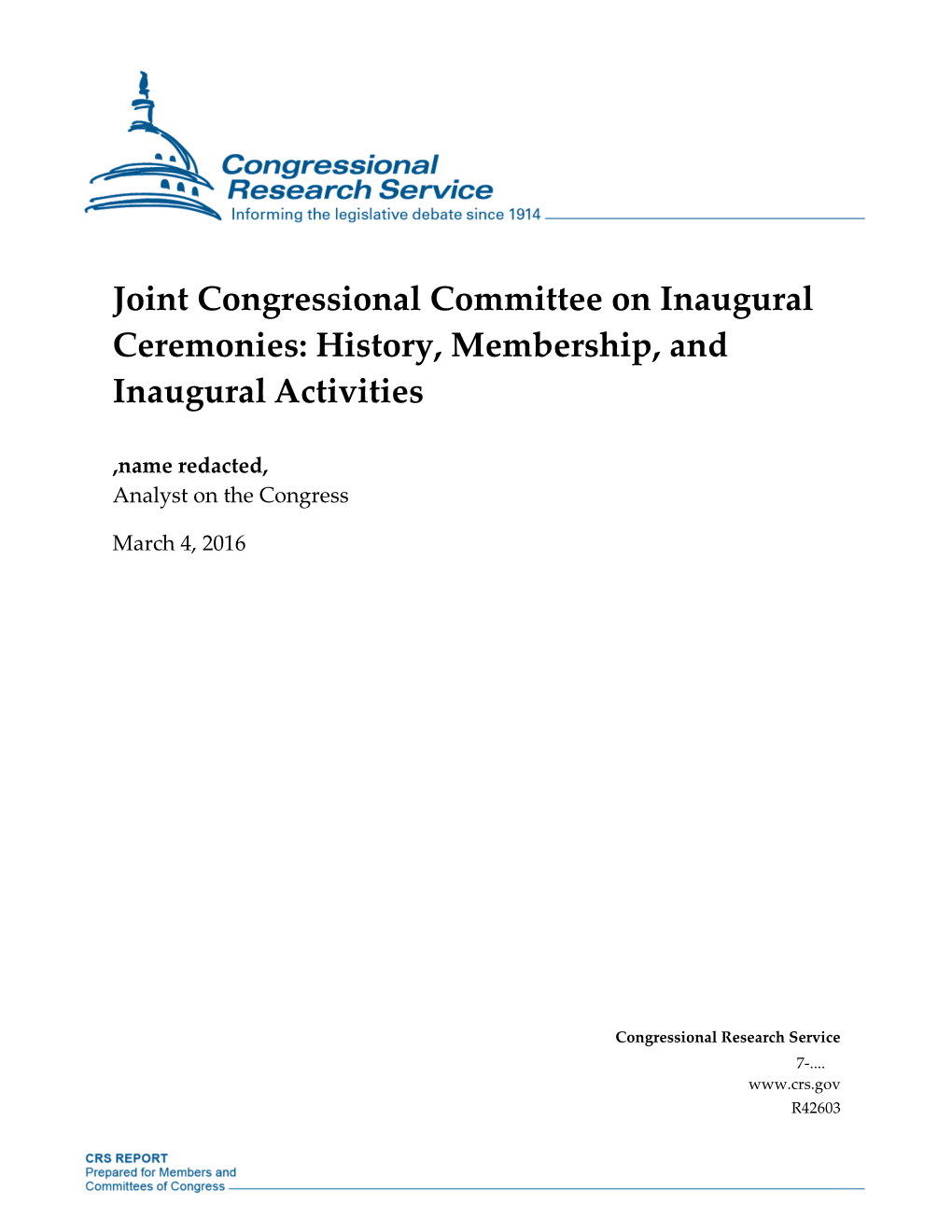 Joint Congressional Committee on Inaugural Ceremonies: History, Membership, and Inaugural Activities